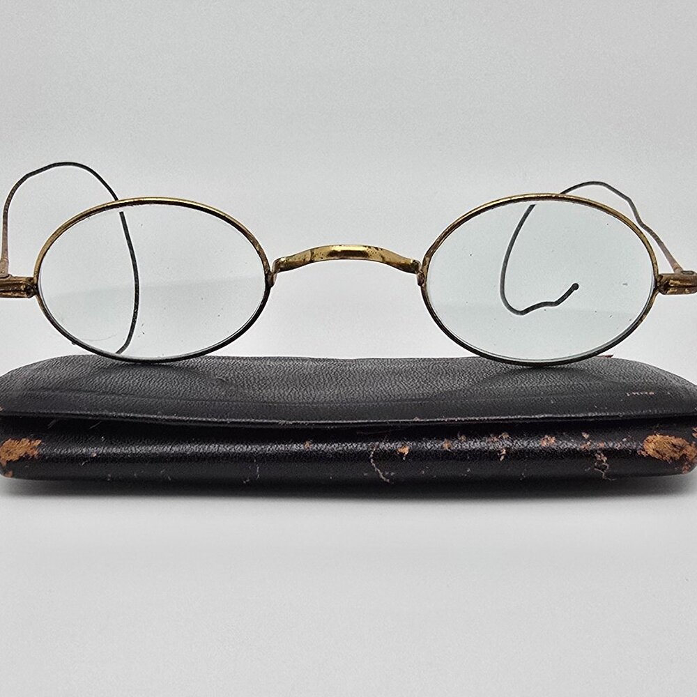 S.P.A. Brass Vintage Spectacles Edwardian Antique Eyeglasses Frame w/ Case 37mm